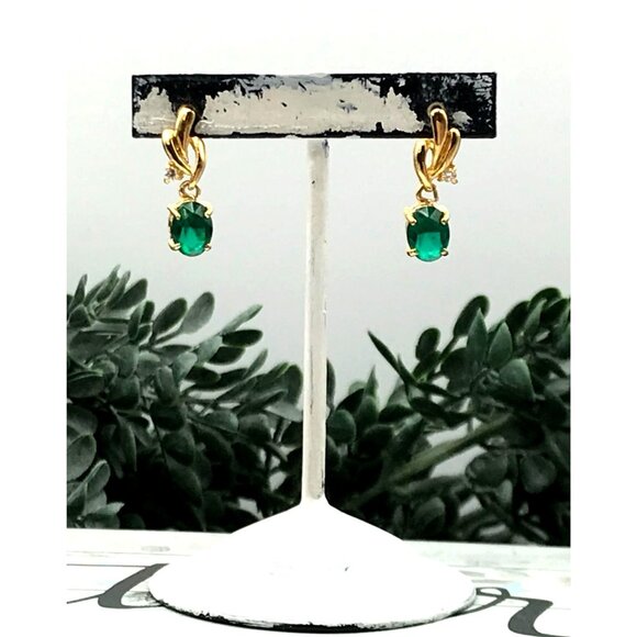 Vintage Style Gold-Tone Drop Earrings With Green Gemstone & Small Cubic Zirconia - Picture 2 of 8